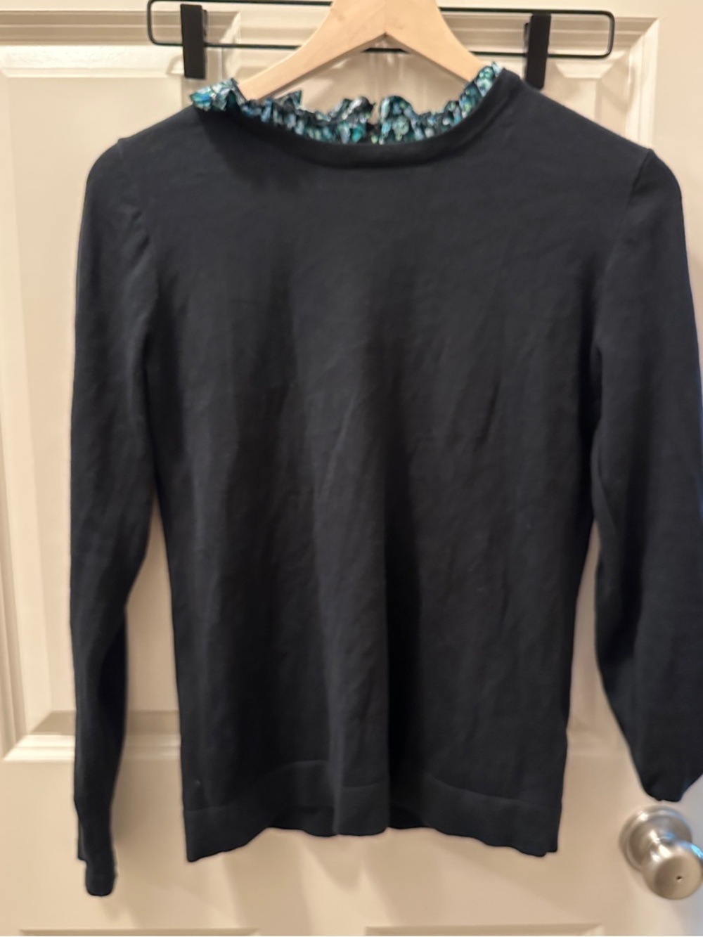 J. Crew Factory Navy Crewneck Sweater with Teal Floral Ruffle